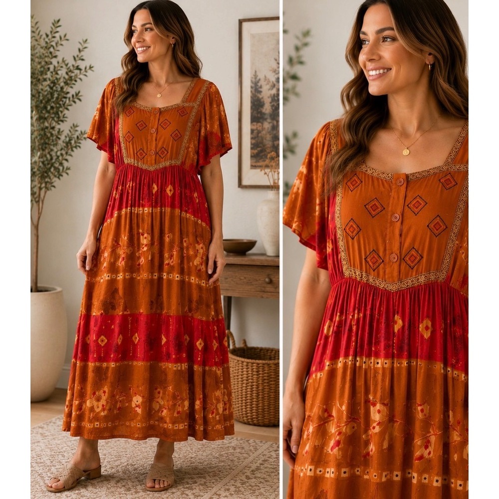 Fundamentals Maxi Dress Womens Large Orange Red Boho Geometric Rayon Caftan VTG